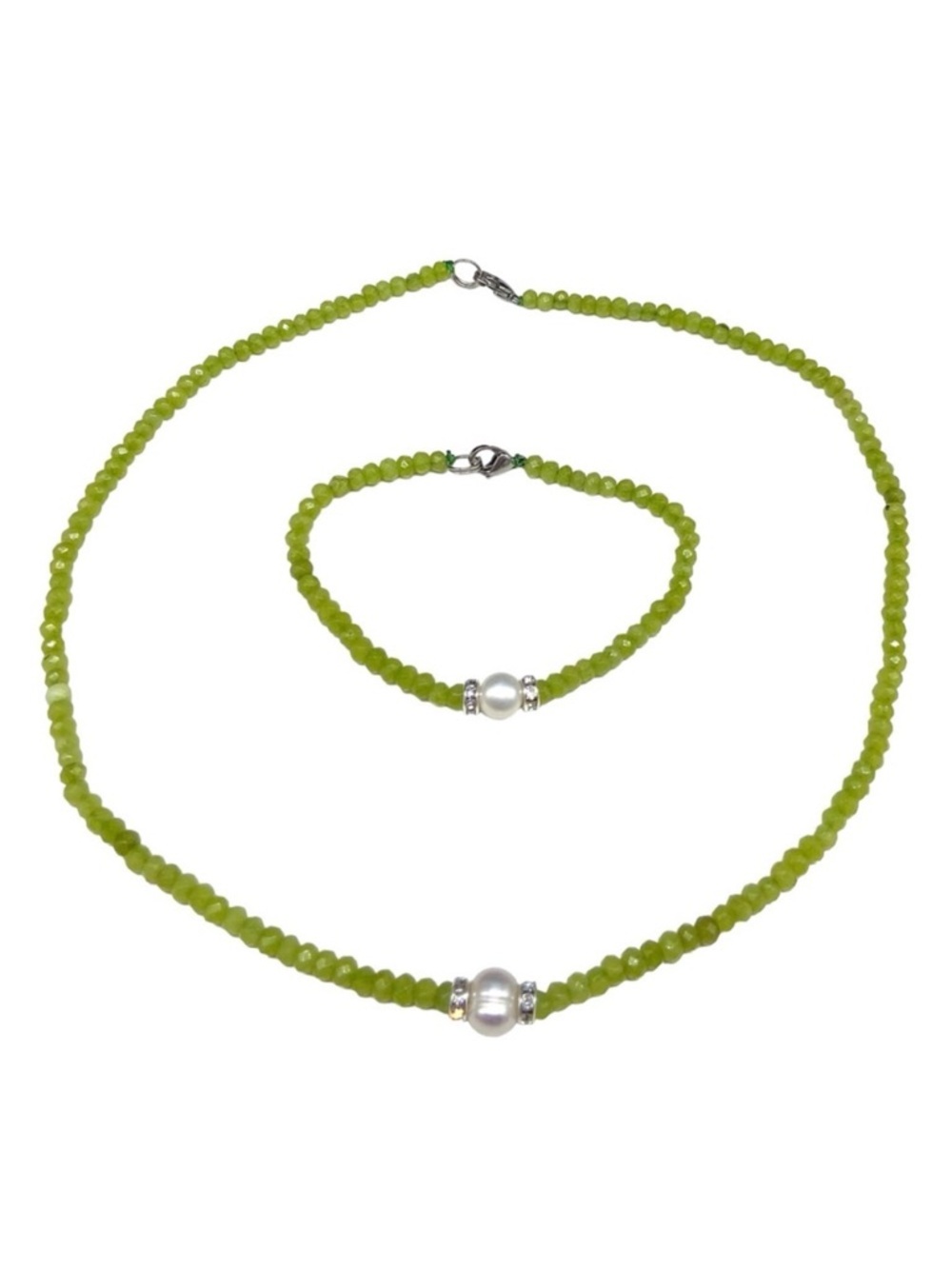 Peridot & Freshwater Pearl Beaded Necklace & Bracelet Set Lime Green Stone